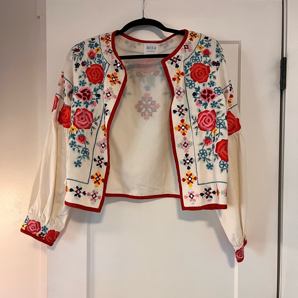 Misa Los Angeles Floral Embroidered Sweater - Cream and Red
